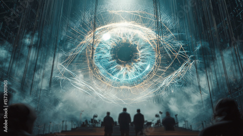 A massive, glowing digital eye projected above an audience, symbolizing surveillance, artificial intelligence, data monitoring, and the concept of omnipresent technology and privacy concerns