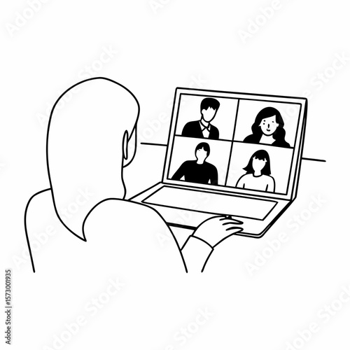 Business woman female team leader manager executive having hybrid office business group meeting, remote workers discussing work plans by video digital conference call on laptop. Over shoulder view