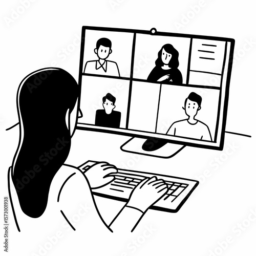 Business woman female team leader manager executive having hybrid office business group meeting, remote workers discussing work plans by video digital conference call on laptop. Over shoulder view