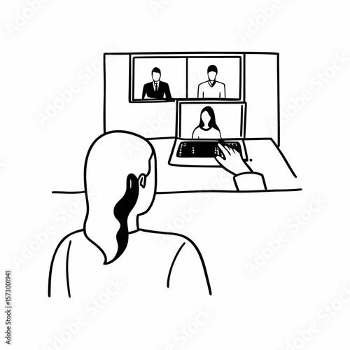 Business woman female team leader manager executive having hybrid office business group meeting, remote workers discussing work plans by video digital conference call on laptop. Over shoulder view