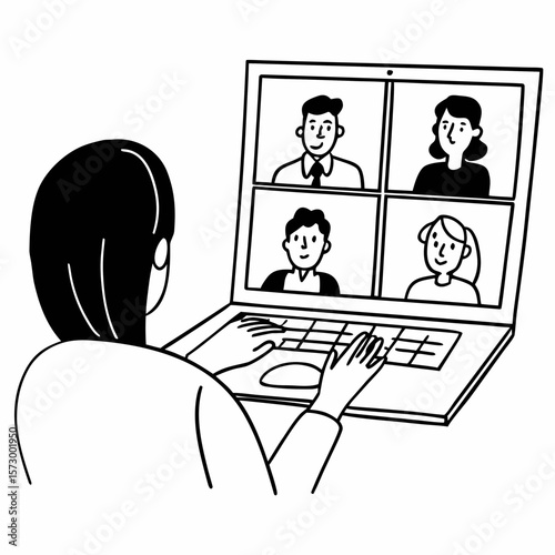 Business woman female team leader manager executive having hybrid office business group meeting, remote workers discussing work plans by video digital conference call on laptop. Over shoulder view
