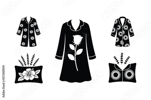 Floral patterned pajamas and rose nightgown with decorative plants hibiscus