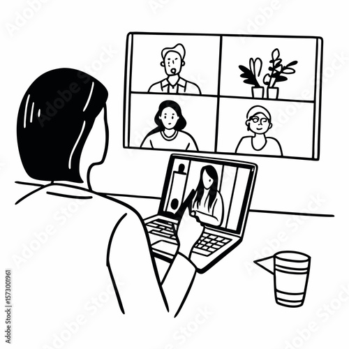 Business woman female team leader manager executive having hybrid office business group meeting, remote workers discussing work plans by video digital conference call on laptop. Over shoulder view