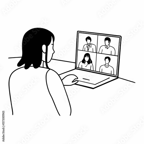 Business woman female team leader manager executive having hybrid office business group meeting, remote workers discussing work plans by video digital conference call on laptop. Over shoulder view