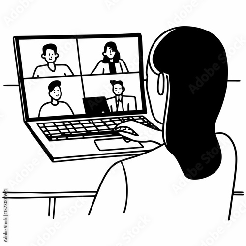 Business woman female team leader manager executive having hybrid office business group meeting, remote workers discussing work plans by video digital conference call on laptop. Over shoulder view