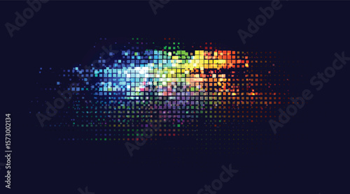 Vector glitch pixel squares in rainbow hues. Abstract horizontal distortion with vibrant gradient and grid alignment.