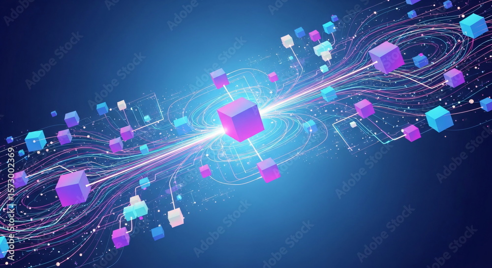 Naklejka premium Abstract data connection with colorful cubes and light streams. Blockchain technology and network communication concept for web.