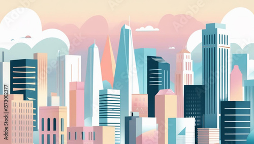 Pastel City Skyline with Clouds