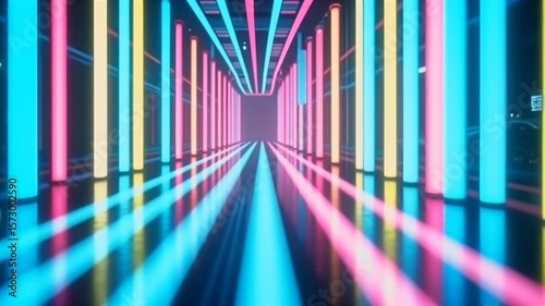 Energise motion graphic sets rhythmically flashing multicolour neon bars alternating over bold monochrome stripes revamped descriptor highlights high contrast K flair retro futuristic vibe