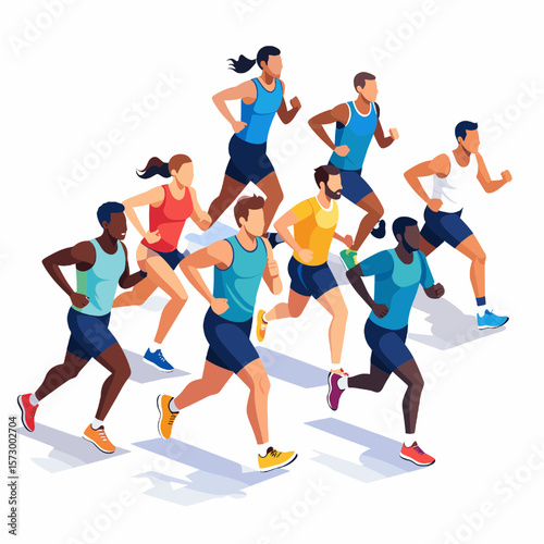 Diverse Group of Athletes Running a Marathon in Colorful Athletic Wear Against a White Background in Graphic Illustration Style