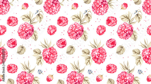 Watercolor pattern featuring raspberries white background	