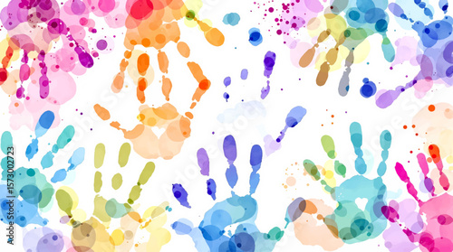 Children seamless pattern colored of hand print. Colorful kid handprint background. Children's handprints vector illustration of a prints of palms. Template kids hands, watercolor, baby palms.	
