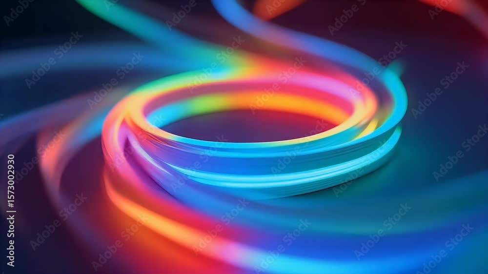 Liquid rainbow ribbons orbit gracefully their neon glow rendered uncompromising K updated forty word title stresses built in luma matte endless looping energy multi coloured joy children’s channels