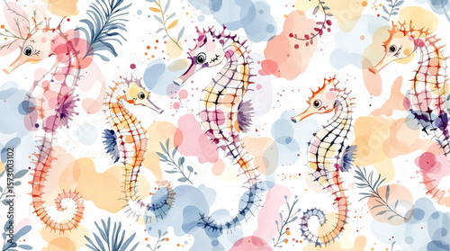 Pastel Watercolor Seahorse Pattern — Dreamy Oceanic Illustration for Decor and Design