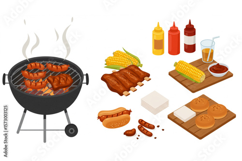 Delightful summer barbecue party design features grilling, sausages, ribs, corn and condiments perfect for food blogs and picnic promotions.