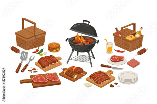 Outdoor grilling with a barbecue, picnic basket, and delicious foods prepared for summer cookouts with family and friends.