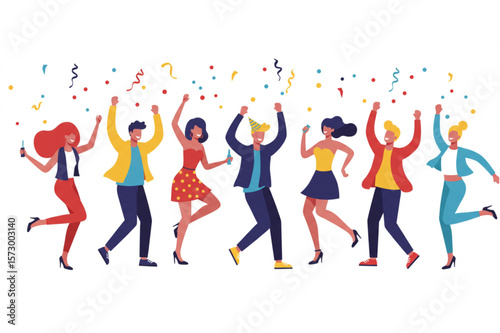 Joyful celebration with dancing people and festive confetti creating a vibrant party atmosphere for events and social gatherings.
