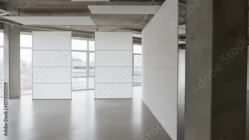 Modern minimalist interior design featuring white partition walls in a spacious urban gallery