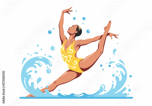 Artistic Swimmer in Yellow Suit Performing Split Leap with Water Splashes.