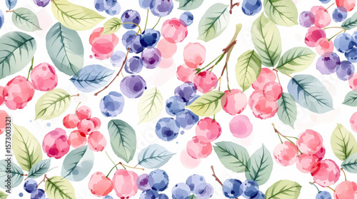 Watercolor background pattern berries on white background