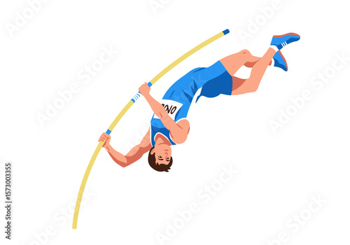 Athlete in Blue Uniform Performing Pole Vault with Yellow Pole.
