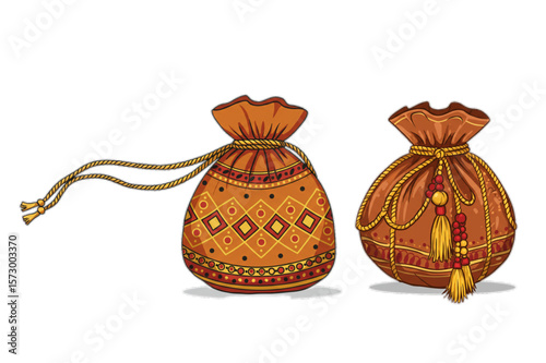 Two decorative pouch graphics with intricate ethnic patterns, suitable for festive design elements or cultural event promotional material.