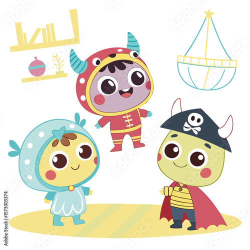 Illustration of three cartoon characters in costumes standing on a yellow ground with decorations
