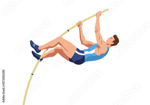 Athlete in Blue Uniform Pole Vaulting with a Flexible Yellow Pole.