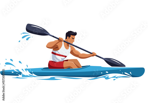 Athlete Paddling a Blue Kayak with a Black Paddle in Water.