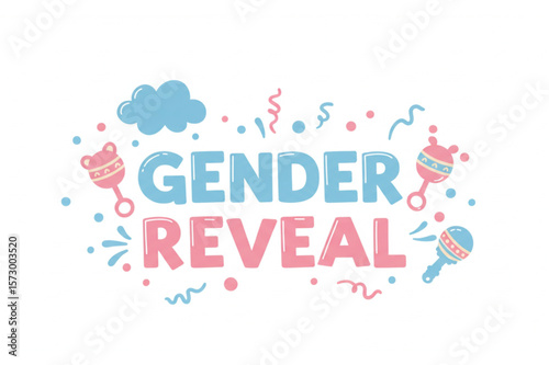 Celebrate with a gender reveal baby shower graphic element featuring playful rattles, a fluffy cloud, and whimsical confetti designs.