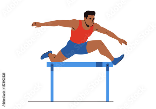 Athlete in Red Tank Top Hurdling Over Blue Barrier Arms Extended.