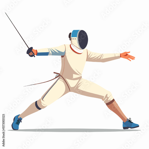 Fencing Athlete in White and Red Uniform with Blue Mask Performing Lunge on White Background Sports Action