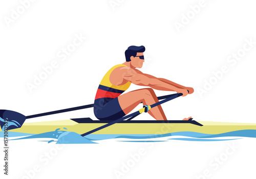 Athlete rowing in a scull boat with oars wearing sunglasses and colorful sportswear.