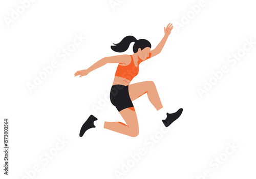 Athletic Woman MidJump Orange Top Black Shorts Ponytail Dynamic Pose.