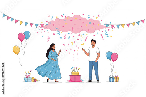 Charming graphic showcasing a gender reveal party with expectant parents under a festive cloud of confetti, perfect for announcements and invitations.