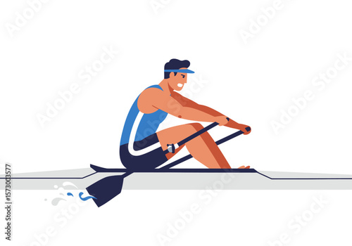 Athlete rowing in a scull wearing blue and white athletic gear intense expression.