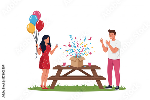 A cheerful gender reveal party graphic showcasing a couple celebrating with balloons, confetti, and a gift box on a picnic table, perfect for announcements.
