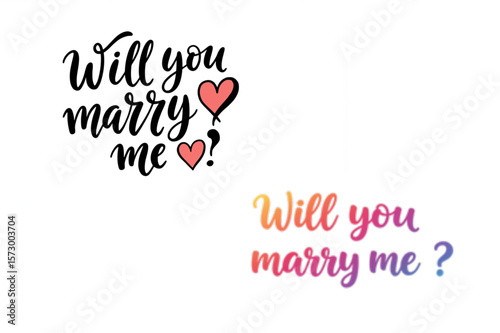 Elegant proposal lettering designs ask "Will you marry me" with script typography and a delicate heart accent, ideal for wedding invitations.