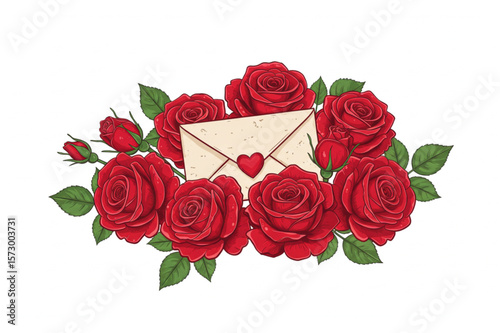 A beautiful love letter rests among a bouquet of red roses, perfect for expressing heartfelt sentiments and romantic themes in your creative designs.
