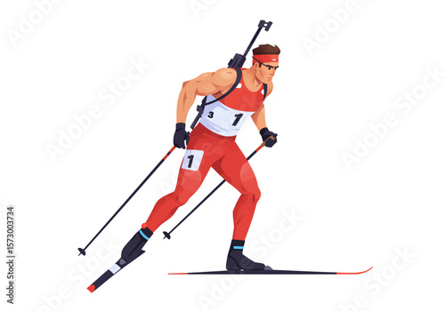 Biathlete in Red Suit with Rifle and Ski Poles Number One.