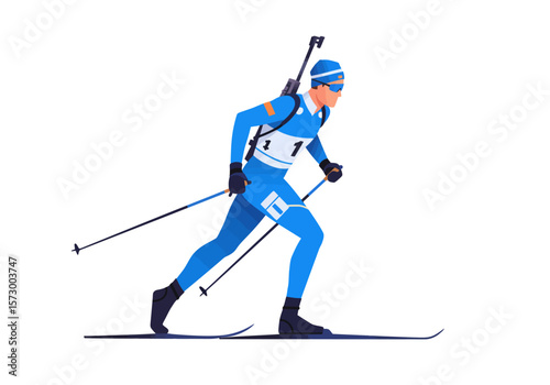 Biathlete in Blue Suit Skiing with Rifle on Back Number One.