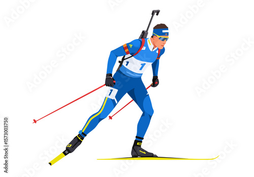 Biathlete in Blue Suit with Rifle and Ski Poles Vector Illustration.