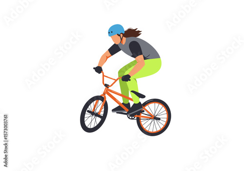 BMX Rider in Action Orange Bike Blue Helmet Green Pants Black Gloves.