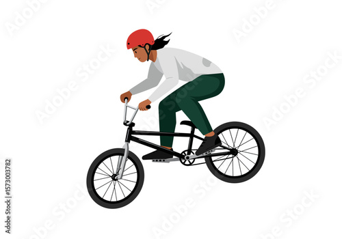 BMX Rider with Red Helmet Performing Stunt on Black Bicycle.