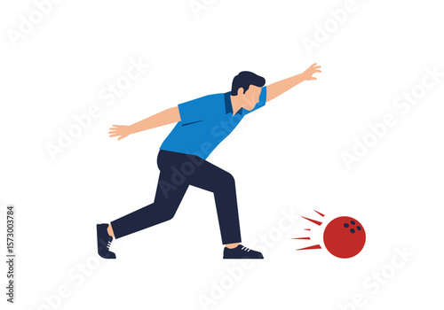 Bowling Player in Blue Shirt Releasing Red Ball with Speed Lines.
