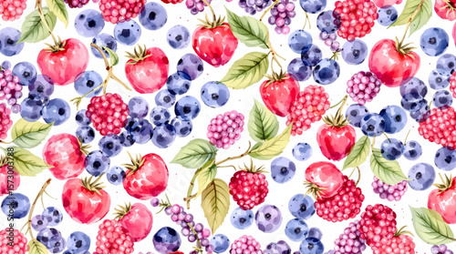 Watercolor Berry seamless pattern. Cherry, strawberry, blueberry. Vector illustration 