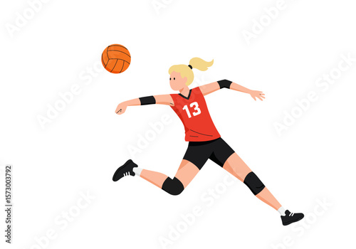 Blonde Volleyball Player in Red Jersey Hitting Orange Ball MidAir.