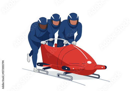 Bobsleigh Team Pushing Red Sled in Blue Suits and Helmets Winter Sport.