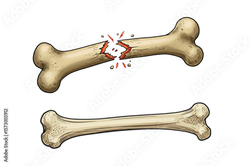 Anatomical bone graphic showcases both a fractured bone and a healthy bone, ideal for medical design, health content, or educational materials.