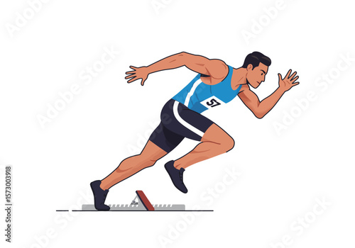 Cartoon Athlete Sprinting from Starting Block with Blue Jersey and Black Shorts.